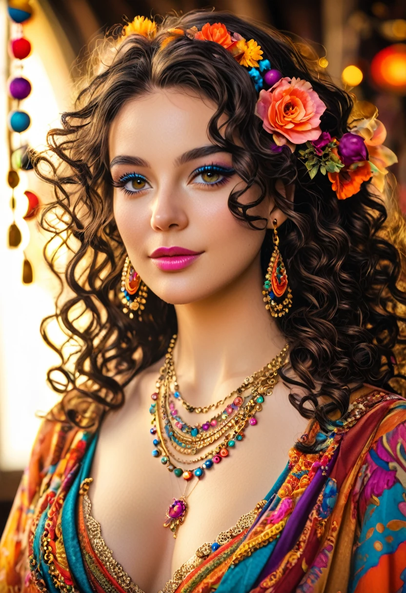 Beautiful stunning woman adorned in ornate, colorful jewelry and clothing that appears to be inspired by"gypsy" style. She has long, dark curly hair with flowers tucked into it. Her makeup emphasizes her eyes, and she's wearing large, dangling earrings and multiple necklaces with colorful beads and pendants. The woman's clothing includes vibrant fabrics with patterns. The overall aesthetic is very bohemian and romantic, evoking a free-spirited, nomadic culture. The lighting in the image is warm, giving it a rich, golden glow that enhances the romantic atmosphere.woman adorned in ornate, colorful jewelry and clothing that appears to be inspired by Romani or "gypsy" style. She has long, dark curly hair with flowers tucked into it. Her makeup emphasizes her eyes, and she's wearing large, dangling earrings and multiple necklaces with colorful beads and pendants. The woman's clothing includes vibrant fabrics with patterns. The overall aesthetic is very bohemian and romantic, evoking a free-spirited, cigana culture. The lighting in the image is warm, giving it a rich, golden glow that enhances the romantic atmosphere UHD 18K