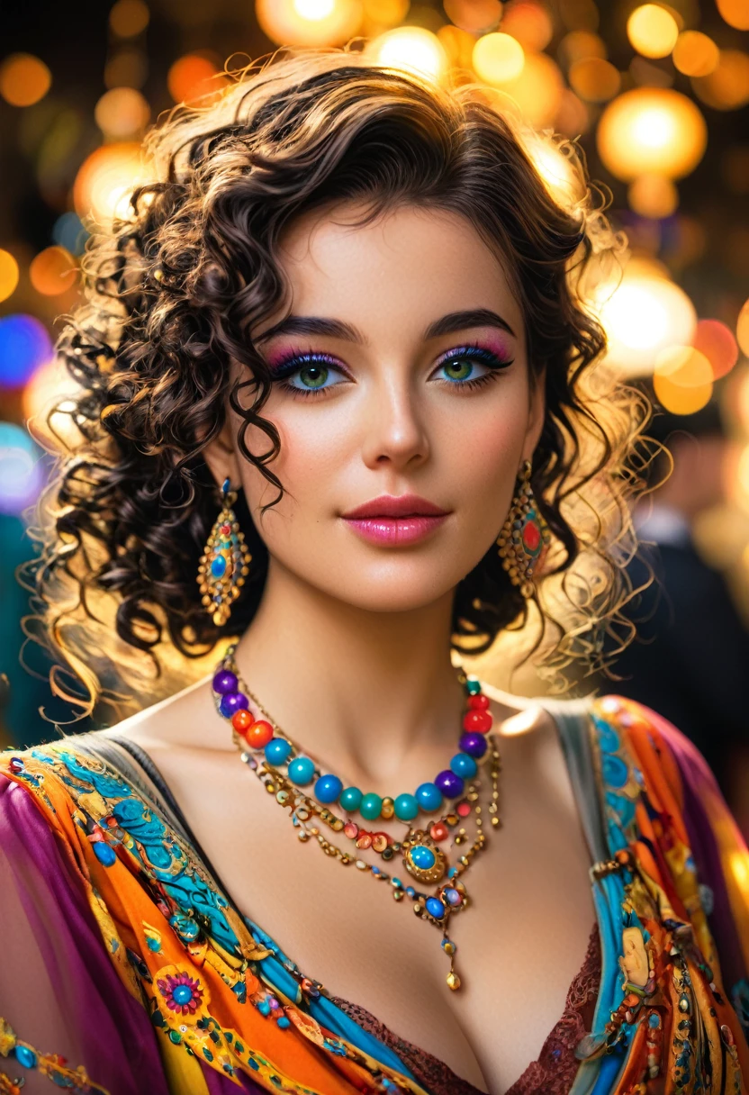 Beautiful stunning woman adorned in ornate, colorful jewelry and clothing that appears to be inspired by"gypsy" style. She has long, dark curly hair with flowers tucked into it. Her makeup emphasizes her eyes, and she's wearing large, dangling earrings and multiple necklaces with colorful beads and pendants. The woman's clothing includes vibrant fabrics with patterns. The overall aesthetic is very bohemian and romantic, evoking a free-spirited, nomadic culture. The lighting in the image is warm, giving it a rich, golden glow that enhances the romantic atmosphere.woman adorned in ornate, colorful jewelry and clothing that appears to be inspired by Romani or "gypsy" style. She has long, dark curly hair with flowers tucked into it. Her makeup emphasizes her eyes, and she's wearing large, dangling earrings and multiple necklaces with colorful beads and pendants. The woman's clothing includes vibrant fabrics with patterns. The overall aesthetic is very bohemian and romantic, evoking a free-spirited, cigana culture. The lighting in the image is warm, giving it a rich, golden glow that enhances the romantic atmosphere UHD 18K