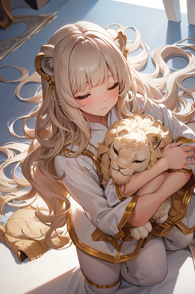 White Background, masterpiece, Highest quality, Very detailed, figure, White Background, Selling stuffed lions, close your eyes, cute, girl, alone, From above, Beige Hair, Long Hair, Wavy Hair, Blunt bangs, blouse, close your eyes, Wearing pajamas, Selling stuffed lions