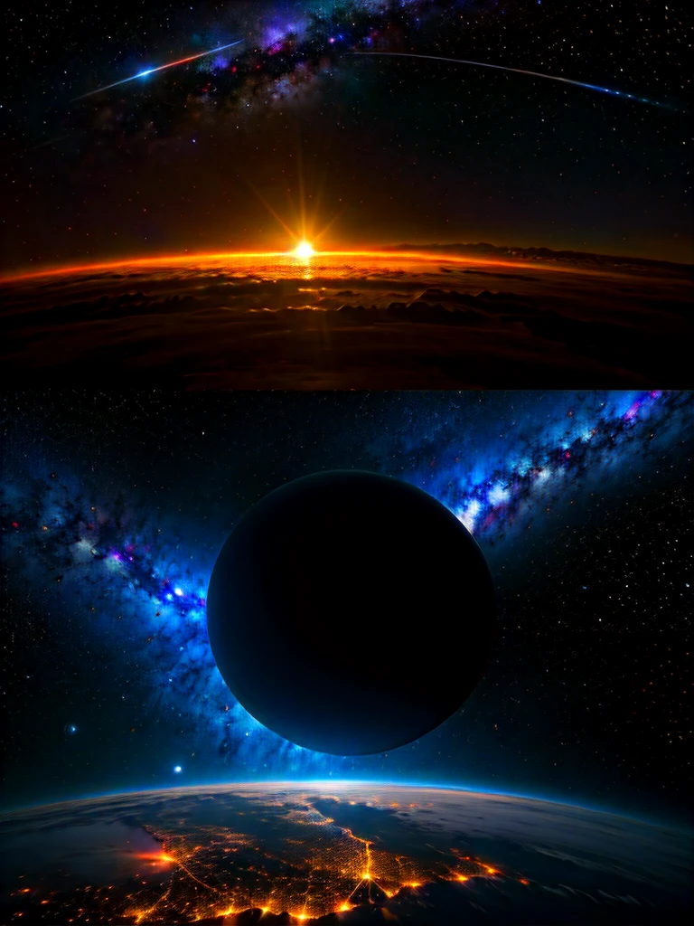 a stunning night sky,atmospheric outer space,planets aligning,ominous black hole,powerful sun,pulsing light,epic supernova,best quality,8k,highres,masterpiece:1.2,ultra-detailed,realistic,photorealistic:1.37,HDR,UHD,studio lighting,ultra-fine painting,sharp focus,physically-based rendering,extreme detail description,professional,vivid colors,bokeh,cinematic,dramatic lighting,epic scale
