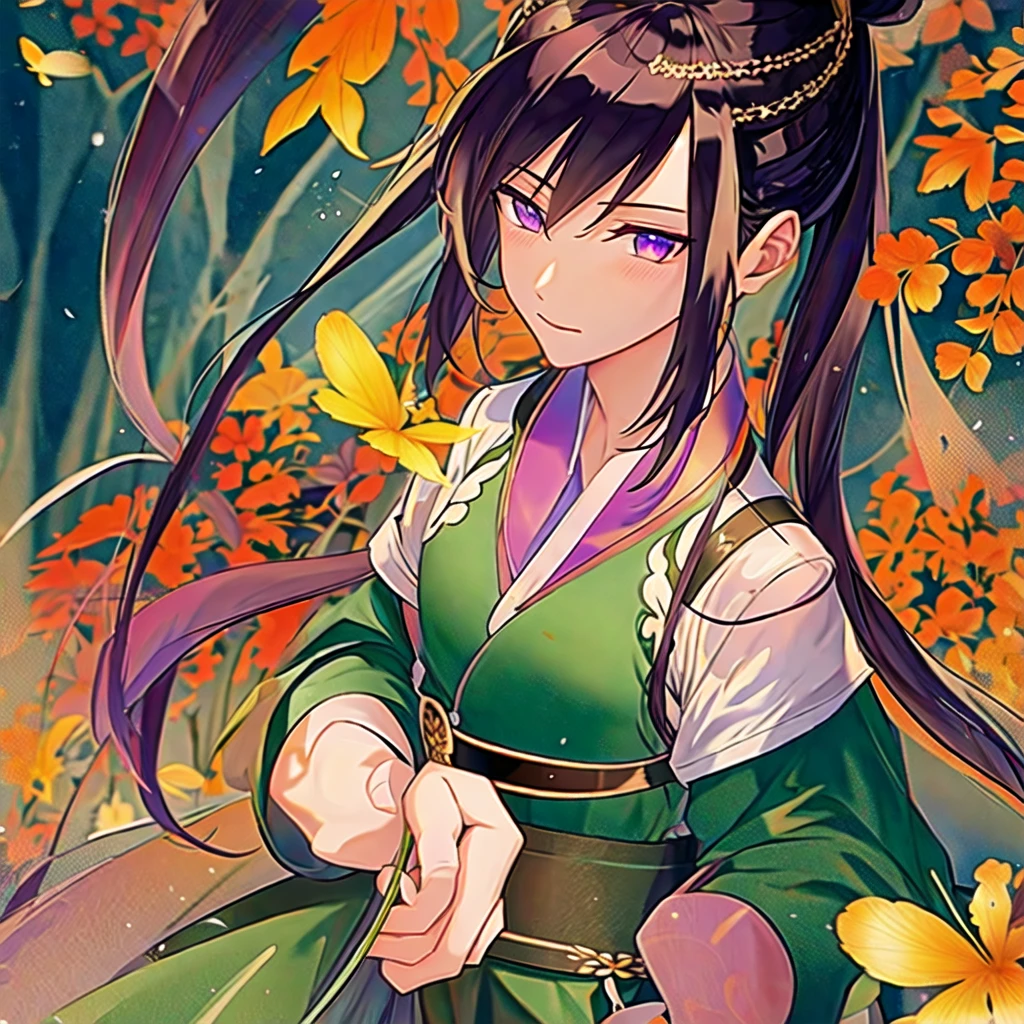 ( Best Quality, ancient china, A girl, long green chinese dress), long hair tied in two tomatoes, black hair, purple eyes, with a white ribbon on her head
