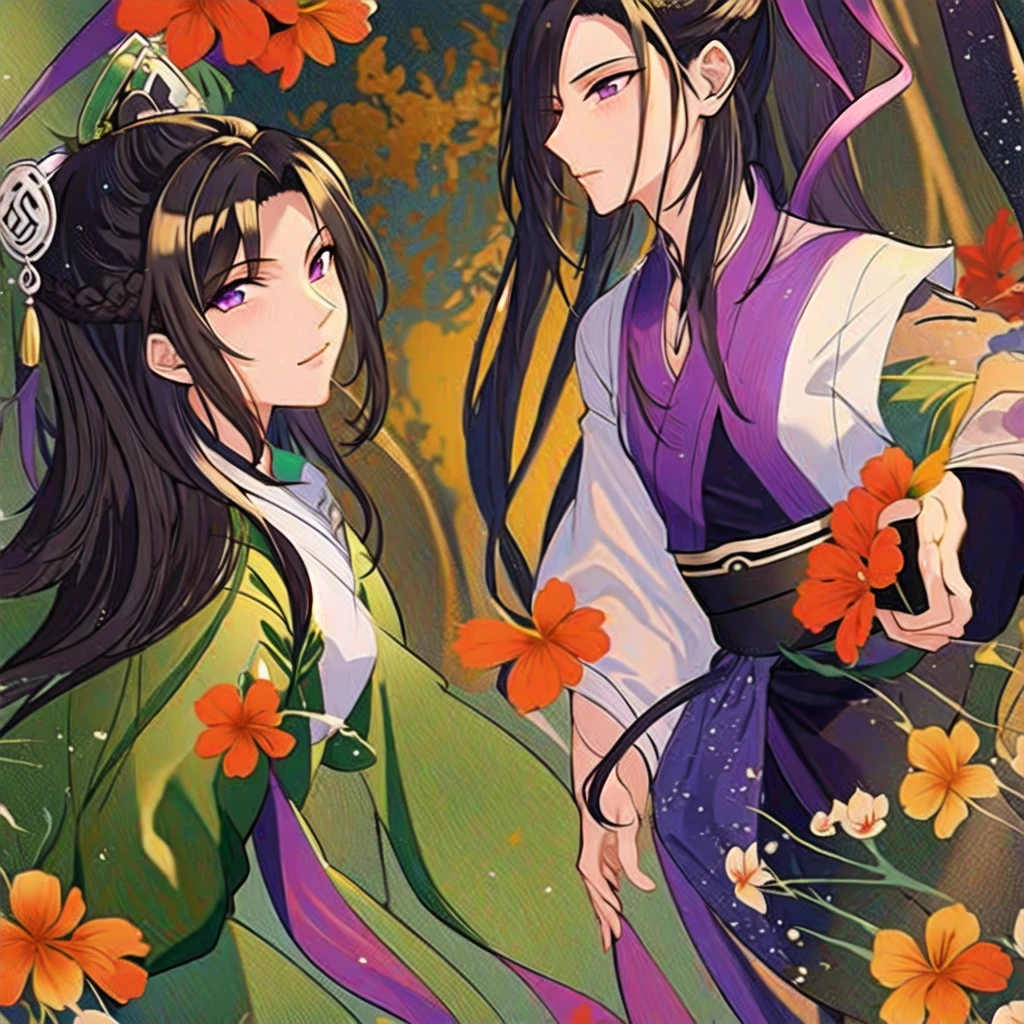 ( Best Quality, ancient china, A girl, long green chinese dress), long hair tied in two tomatoes, black hair, purple eyes, with a white ribbon on her head
