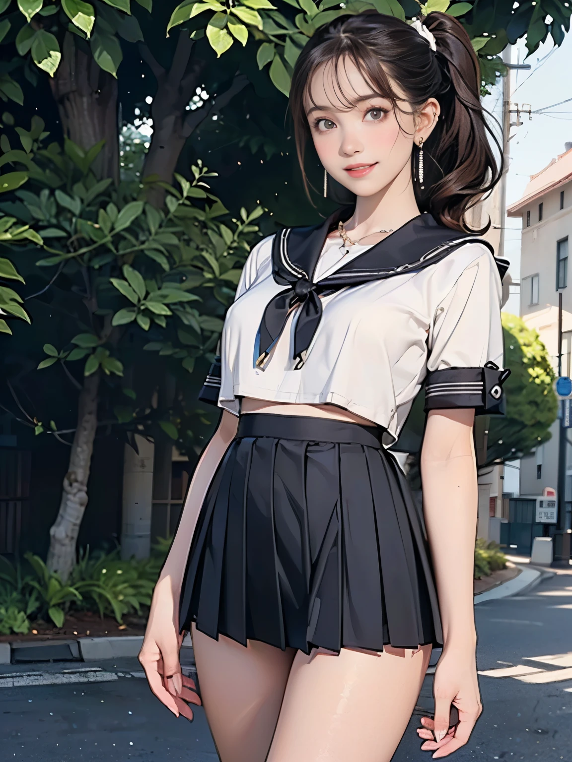 sailor suit, one woman, (a beauty woman, delicate :1.3), 8K, highest quality, masterpiece, Super detailed, ultra high resolution, realistic, RAW photo, absolute resolution, black hair, bob cut, small face compared to body, very small face, black hair, navy blue sailor uniform, Dark blue skirt, High school girl in sailor suit, Anime 2D rendering, realistic若いアニメの女子高生, , ((white headband)), (white headband), small breasts, tall, slanted eyes, purple eyes, (school scenery), black stockings, bright color, open your mouth, smile,