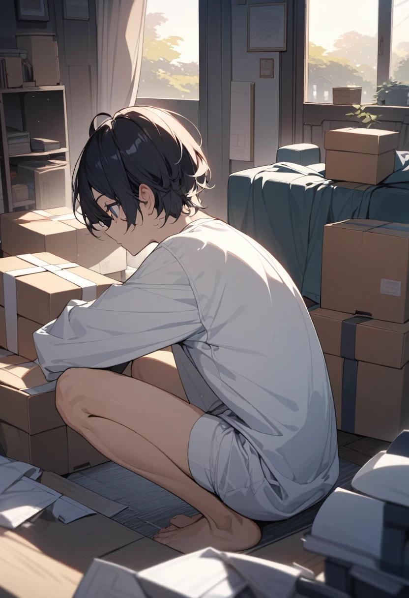 masterpiece, best quality, extremely detailed, ultra detailed, flat anime, 2D,
((1boy)),black hair, (short hair:1.5),blue eyes, height 1.7meters,  (circle eyes:1.2),  (young adult:1.2)
long Sleeves, White T-shirt, barefoot, 
squatting, looking away, expressionless,
summer, 12AM, livingroom,organizing the boxes., I'm looking at the material in my hand.