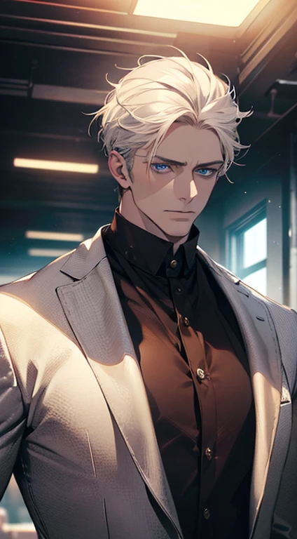(best quality, masterpiece, 8K, photorealistic, cinematic lighting, hdr image, ultra detailed, beautiful image), 1 man, 31 years old, mature man, very handsome, (without expression, serious), short white hair, blue eyes ( penetrating gaze), perfect face without errors, imposing posture, without errors, businessman, office background