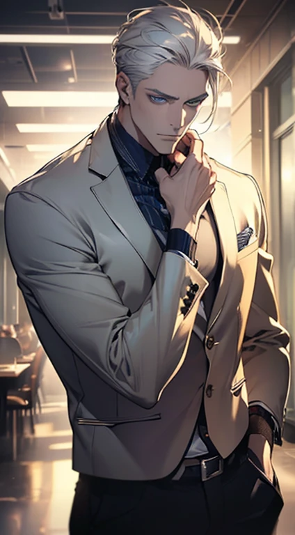 (best quality, masterpiece, 8K, photorealistic, cinematic lighting, hdr image, ultra detailed, beautiful image), 1 man, 31 years old, mature man, very handsome, (without expression, serious), short white hair, blue eyes ( penetrating gaze), perfect face without errors, imposing posture, without errors, businessman, office background