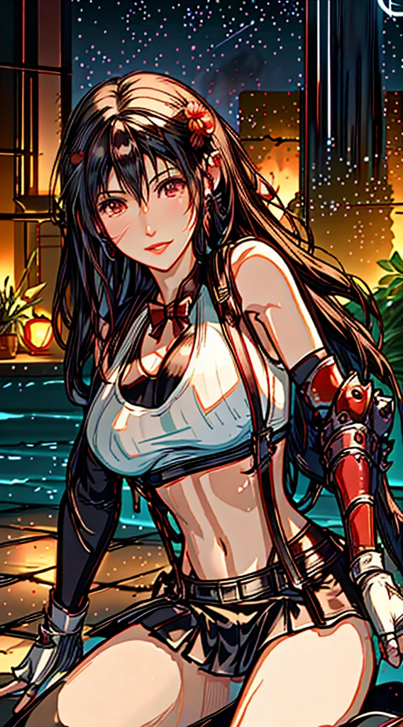 (8ｋ、highest quality、MASTERPIECE:1.2)、(photorealistic:1.3)、Super Detailed、girl 1 person、mature、solo、(Tifa Lockheart)、(big chest)、(((huge lift clothes to show bra)))、(((black bra)))、(beautiful eyes)、(smiling:1.2)、(Closed)、erotic pose、dance、neons、street scenery、Depth Of Field、Dark and strong shadows、Sharp focus、auto、motion blur、bike、Depth Of Field、composition、Glowing green light、Final Fantasy VII, (nose blush）、Single Elbow Pad、Ankle Boots、dark black hair、toned thighs、red boots、Elbow Gloves、Elbow pads、Fingerless Gloves、Taut Shirt、sports bra、（suspenders), (Black Skirt)、thights、white tank top、All over body、head rest、Lips、Facial、Low Tai Long Hair、(red_Ojo)、Yellow flowers、(night:1.3)、Complex、Bokeh、Cinematic Lighting、Photon mapping、Radiosity、physically based rendering, NSFW, Perfect Breasts