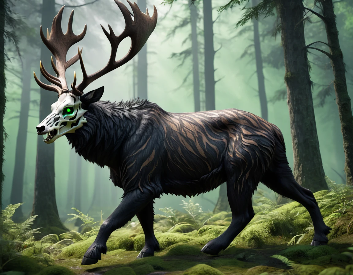 full body portrait of realistic big black beast, feral, side view, walking motion, long legs, four legged, tiger deer bear hybrid skull face, twisted horns, twisted antlers, deer, tiger, wendigo, bear, hybrid body with beryl green eyes, beryl green smoke from mouth, dark mysterious forest scenery, full body, cinematic, render, 8k, unreal engine, realistic, masterpiece, high detail, full body, low life, extremely intricate, extreme detail, volumetric lighting