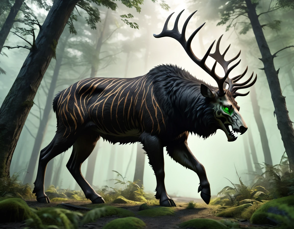 full body portrait of realistic big black beast, feral, side view, walking motion, long legs, four legged, tiger deer bear hybrid skull face, twisted horns, twisted antlers, deer, tiger, wendigo, bear, hybrid body with beryl green eyes, beryl green smoke from mouth, dark mysterious forest scenery, full body, cinematic, render, 8k, unreal engine, realistic, masterpiece, high detail, full body, low life, extremely intricate, extreme detail, volumetric lighting