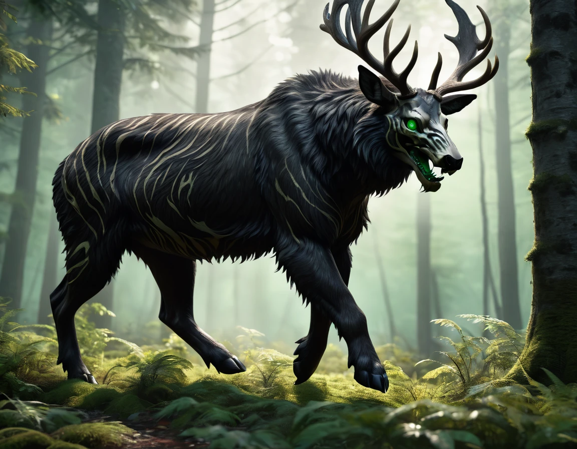 full body portrait of realistic big black beast, feral, side view, walking motion, long legs, four legged, tiger deer bear hybrid skull face, twisted horns, twisted antlers, deer, tiger, wendigo, bear, hybrid body with beryl green eyes, beryl green smoke from mouth, dark mysterious forest scenery, full body, cinematic, render, 8k, unreal engine, realistic, masterpiece, high detail, full body, low life, extremely intricate, extreme detail, volumetric lighting