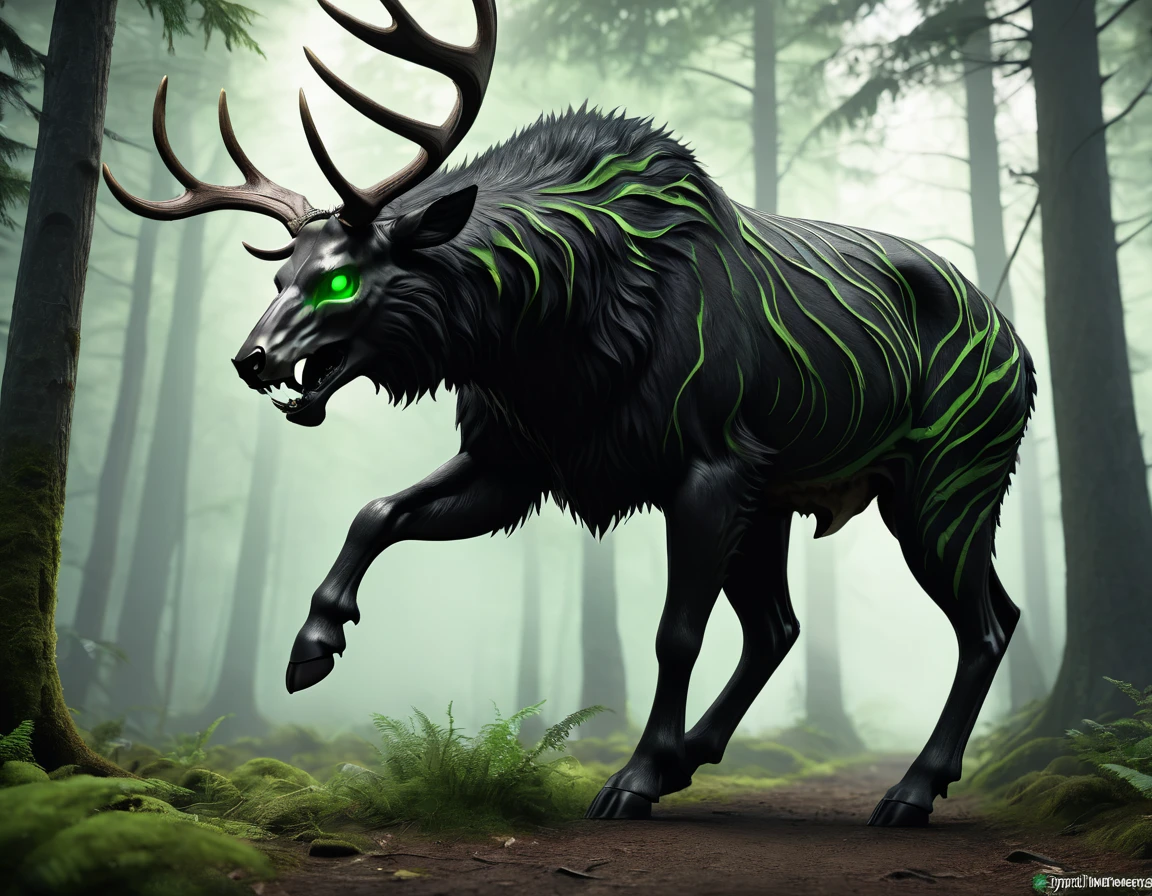 full body portrait of realistic big black beast, feral, side view, walking motion, long legs, four legged, tiger deer bear hybrid skull face, twisted horns, twisted antlers, deer, tiger, wendigo, bear, hybrid body with beryl green eyes, beryl green smoke from mouth, dark mysterious forest scenery, full body, cinematic, render, 8k, unreal engine, realistic, masterpiece, high detail, full body, low life, extremely intricate, extreme detail, volumetric lighting