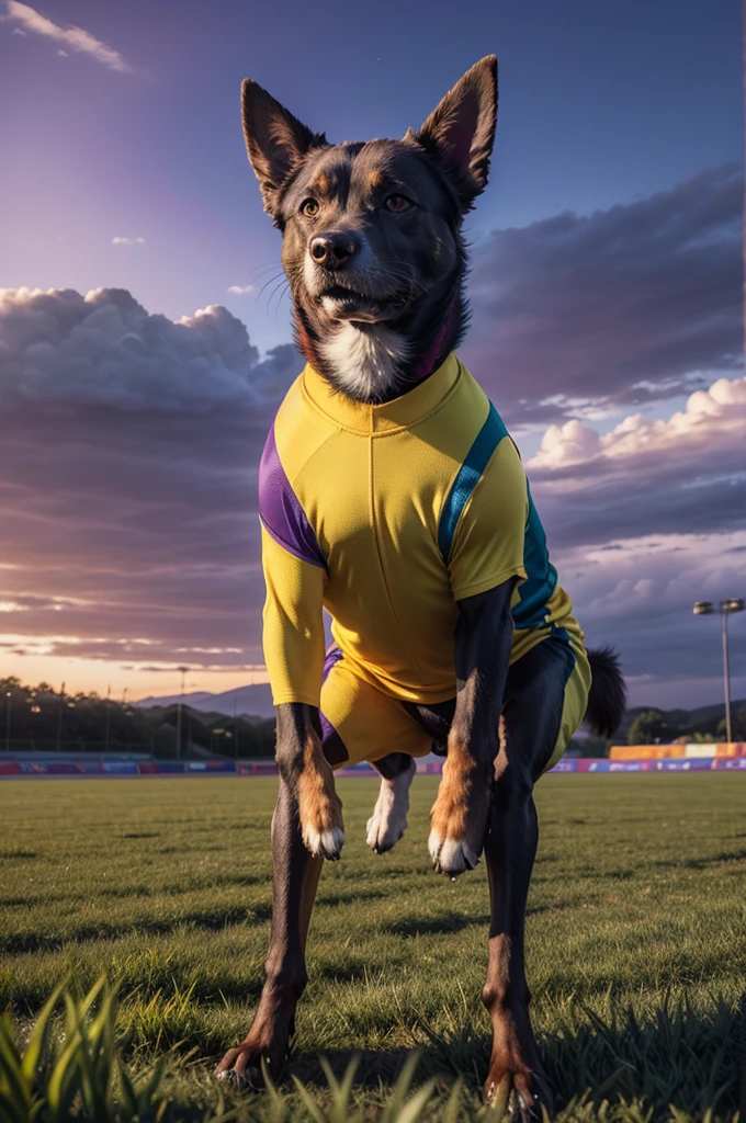 {
"prompt": "A humanoid dog wearing a Brazil football uniform playing soccer on a colorful field with a purple sky. The dog has a muscular build, stands on two legs, and has a friendly, determined expression. The Brazil uniform is bright yellow with green accents. The colorful field is vibrant, with patches of green, blue, and red grass. The purple sky is clear, adding a surreal atmosphere to the scene.",
"size": "1024x1024"
}