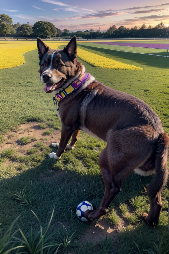 {
"prompt": "A humanoid dog wearing a Brazil football uniform playing soccer on a colorful field with a purple sky. The dog has a muscular build, stands on two legs, and has a friendly, determined expression. The Brazil uniform is bright yellow with green accents. The colorful field is vibrant, with patches of green, blue, and red grass. The purple sky is clear, adding a surreal atmosphere to the scene.",
"size": "1024x1024"
}