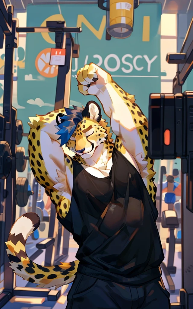 By bigcozyorca, by bebebebebe, by buta99, furry, young, teenager, big, strong and attractive, males, provocative poses, (hair, snout), cheetah, ((muscular, tall)) black tank top, smirking, yellow fur, yellow body, atlethic,  stretchinh arms, flexing strong armpits, showing off big armpits, arrogant smile, strong armpits, gym background.