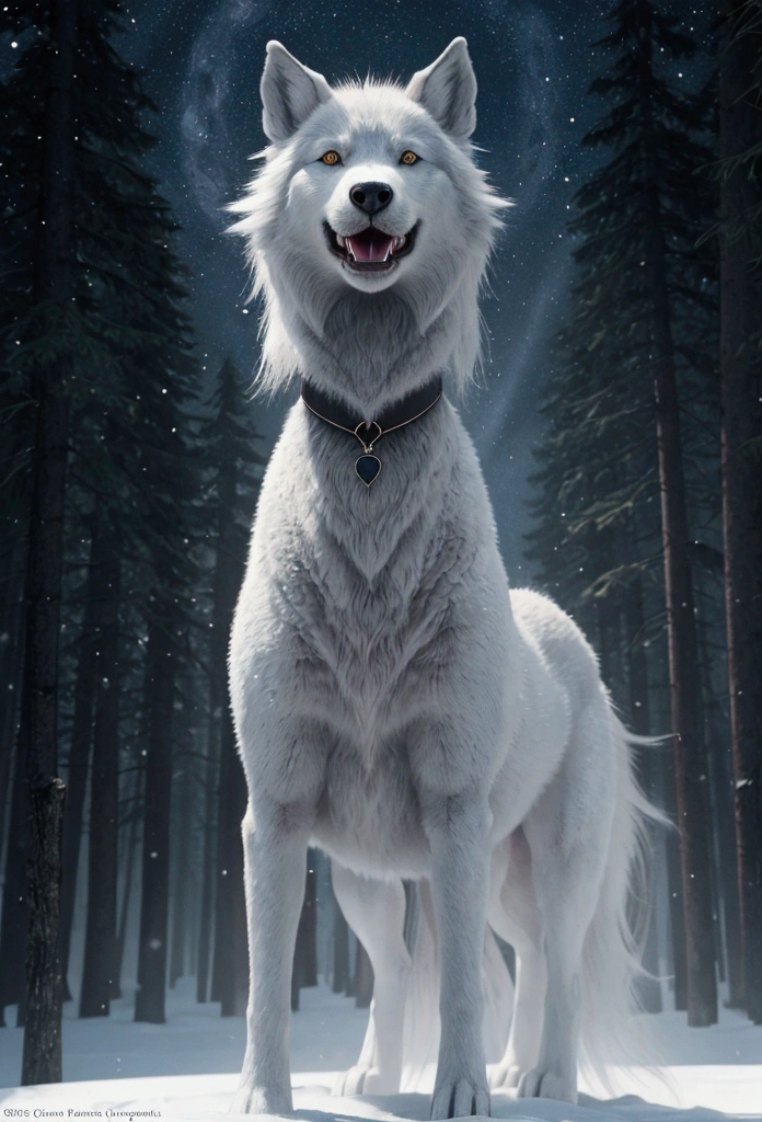 Title: Cŵn Annwn of Welsh Mythology Description: Draw a Cŵn Annwn, a spectral dog from Welsh mythology. This mythical being should convey a supernatural and mysterious aura. Here are the specific details: Body: The Cŵn Annwn is a large dog, the size of a wolf, with a well-defined yet slender musculature. Its fur is white as snow, reflecting the light around it, almost glowing in an ethereal tone. Fur: The fur is long and thick, especially around the neck where it forms a kind of mane, and the tail, which should be voluminous and seem almost alive. The fur should appear a bit wild and disheveled. Eyes: The eyes of the Cŵn Annwn are one of its most distinctive features. They should be a bright red, shining intensely against the light background of the fur. The eyes should convey intelligence, ferocity, and a touch of sadness. Snout and Teeth: The snout is long and narrow, with large, sensitive nostrils. The teeth are sharp and slightly visible even when the mouth is closed, suggesting the threat of a predator. When the mouth is open, it should reveal long and frightening fangs. Ears: The ears are pointed and always erect, alert to any sound. They should be a vivid red, contrasting strongly with the white fur. Paws: The paws are large and strong, adapted for running long distances and hunting. The claws should be visible, sharp, and slightly elongated. Environment: The Cŵn Annwn should be in a setting that reinforces its spectral nature. It could be a dark, misty forest or an open field under a starry sky with a bright full moon shining in the background. The environment should feel mysterious and ethereal. Supernatural Aura: Add a slight glow or aura around the Cŵn Annwn to highlight its supernatural nature. The aura can be a soft blue or green hue, just enough to suggest that this being does not belong to the world of the living.