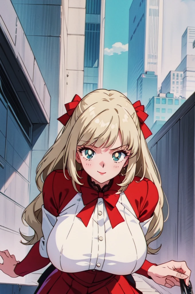 (masterpiece, best quality, beautiful and aesthetic:1.3), 1girl, light smile, solo, EPTakeuchiNaokoStyle, beautiful face, beautiful eyes, 1990s \(style\), anime screencap, retro artstyle, anime coloring, traditional media,red ribbon,blunt bangs,green eyes,ringlets, twin drills,blonde hair.lace, large breasts,princess,{{{shaded face,seductive smile}}},full body,red dress