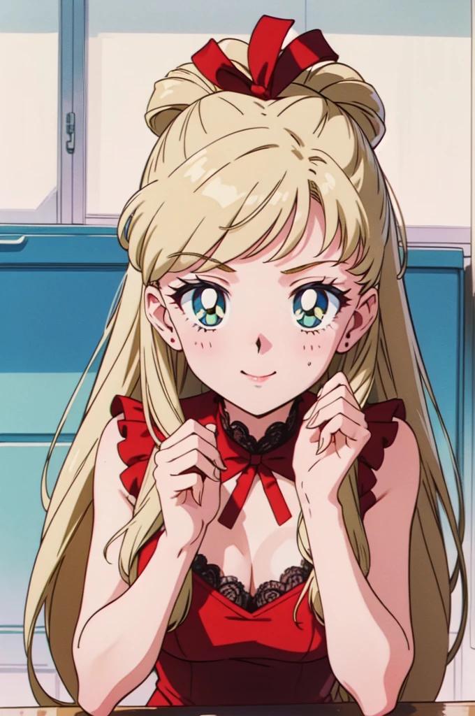 (masterpiece, best quality, beautiful and aesthetic:1.3), 1girl, light smile, solo, EPTakeuchiNaokoStyle, beautiful face, beautiful eyes, 1990s \(style\), anime screencap, retro artstyle, anime coloring, traditional media,red ribbon,blunt bangs,green eyes,ringlets, twin drills,blonde hair.lace, large breasts,princess,{{{shaded face,seductive smile}}},
