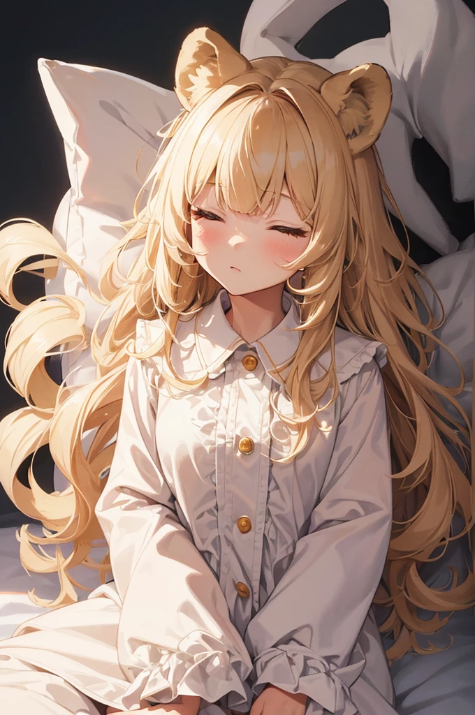 White Background, masterpiece, Highest quality, Very detailed, figure, White Background, Stuffed lionを抱えて, close your eyes, cute, girl, alone, From above, Beige Hair, Long Hair, Wavy Hair, Blunt bangs, blouse, close your eyes, Wearing pajamas, Stuffed lion