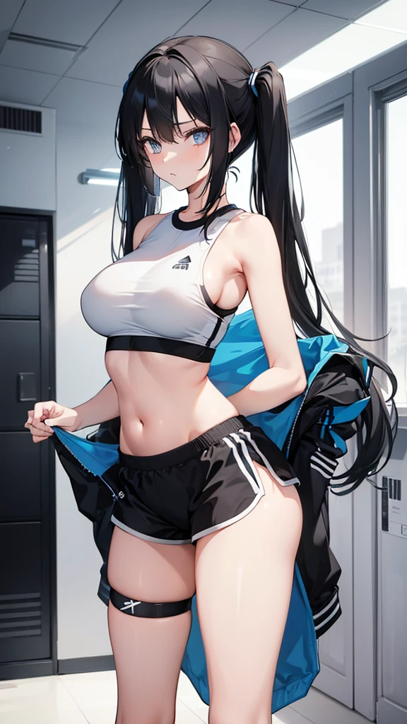 female, skinny, narrow waist, huge breasts, long legs, flat stomach, black twin tails, black hair, blue eyes, white sports bra, midriff, side boob, gym shorts, bloomers, thong, knee socks, locker room, portrait, cowboy shot, black hair, gym uniform, bare arms