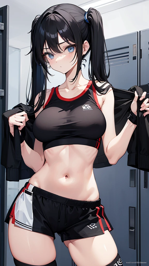 female, skinny, narrow waist, huge breasts, long legs, flat stomach, black twin tails, black hair, blue eyes, white sports bra, midriff, side boob, gym shorts, bloomers, thong, knee socks, locker room, portrait, cowboy shot, black hair, gym uniform, bare arms