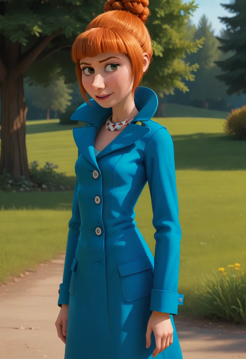 score_9, solo, lucyw, orange hair, single hair bun, coat-dress, single hair bun, outdoors, looking on viewer
