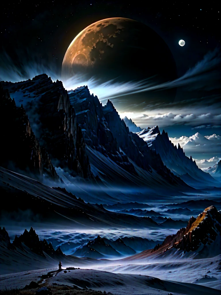 a vast, breathtaking landscape of celestial peaks, a glowing bright big giant moon in the background, against a night sky filled with stars, cinematic lighting, dramatic clouds, epic scale, ultra-detailed, (best quality,4k,8k,highres,masterpiece:1.2),ultra-detailed,(realistic,photorealistic,photo-realistic:1.37),dramatic lighting, moody atmosphere, dramatic contrast, intricate details, vibrant colors, serene, peaceful, mystical, ethereal, fantasy landscape, dramatic scenery, dramatic sky, dramatic lighting, dramatic shadows, dramatic mood