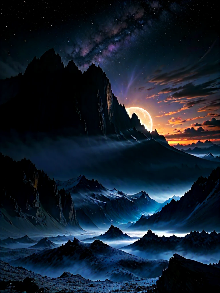 a vast, breathtaking landscape of celestial peaks, a glowing bright big giant moon in the background, against a night sky filled with stars, cinematic lighting, dramatic clouds, epic scale, ultra-detailed, (best quality,4k,8k,highres,masterpiece:1.2),ultra-detailed,(realistic,photorealistic,photo-realistic:1.37),dramatic lighting, moody atmosphere, dramatic contrast, intricate details, vibrant colors, serene, peaceful, mystical, ethereal, fantasy landscape, dramatic scenery, dramatic sky, dramatic lighting, dramatic shadows, dramatic mood