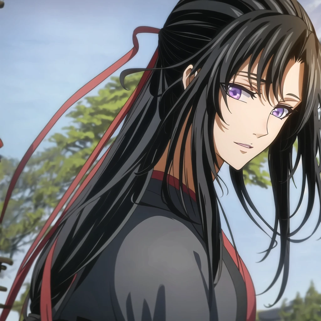 ( Best Quality, ancient china, A girl, long green chinese dress), long hair tied in two pigtails, black hair, purple eyes, with a white ribbon on her head