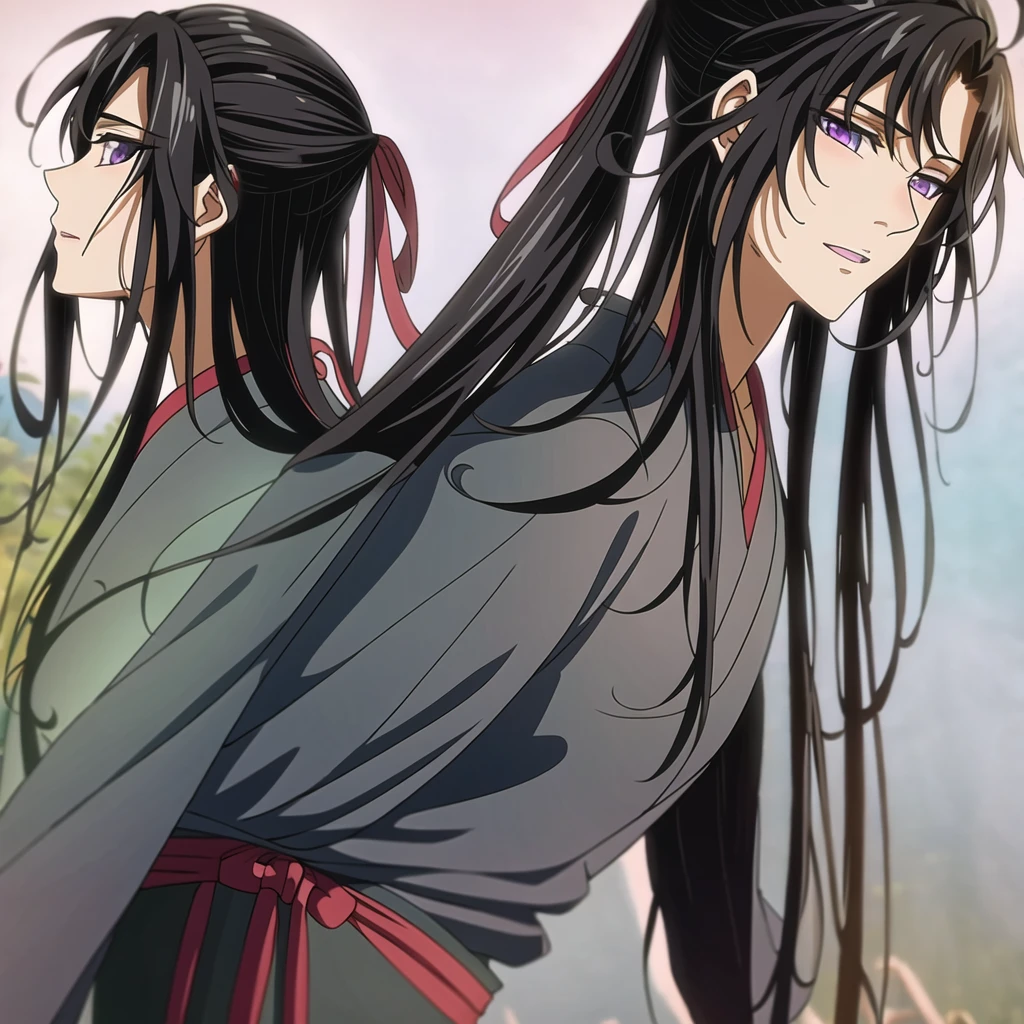 ( Best Quality, ancient china, A girl, long green chinese dress), long hair tied in two pigtails, black hair, purple eyes, with a white ribbon on her head

