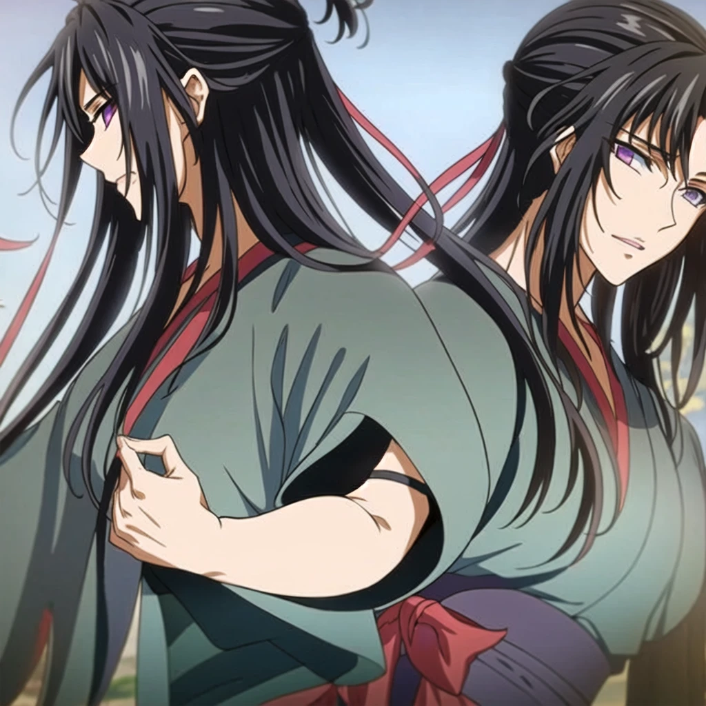 ( Best Quality, ancient china, A girl, long green chinese dress), long hair tied in two pigtails, black hair, purple eyes, with a white ribbon on her head