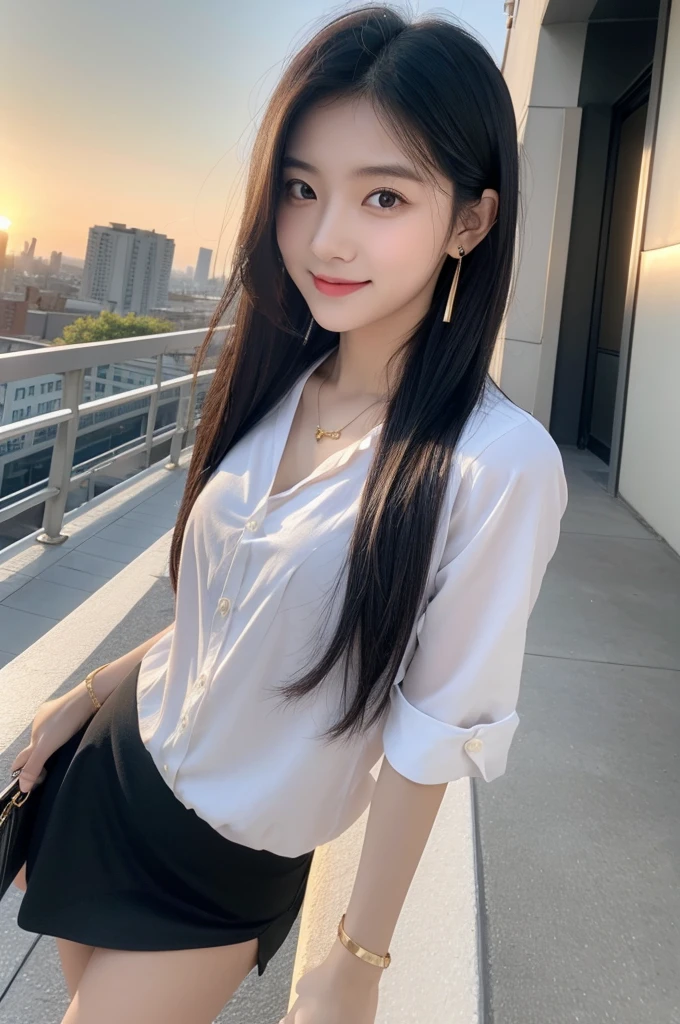 Rooftop of university building, 4th year university student, ((full body)), ((photo)), ((best qualtiy, 8K, tmasterpiece:1.3)), Focus:1.2, perfect figure beautiful girl:1.4, 1girl, cowboy shot, look at viewer, eyes facing the camera, incredibly absurd, beautiful and cute girl with a photorealistic face, showcasing top-quality craftsmanship, A Japanese girl watching the sunset on the roof of a university building, 19 years old, long, straight, silky black hair, fair skin, big eyes, thin eyebrows, double eyelids, long eyelashes, pink lips, smile, devilish smile, gorgeous features, well-defined facial features, beautiful face line, mysterious beauty, slender, tall, well-balanced proportions, large E-cup breasts, white shirt, tight black skirt, beige pumps, gold necklace and bracelet, small earrings, elegant ring, pretty girl, beauty, devilish type, pretty older sister, passionate about art, sociable, friendly, positive, has leadership skills, is proactive, is flexible, gets things done efficiently, works hard towards dreams and goals, March