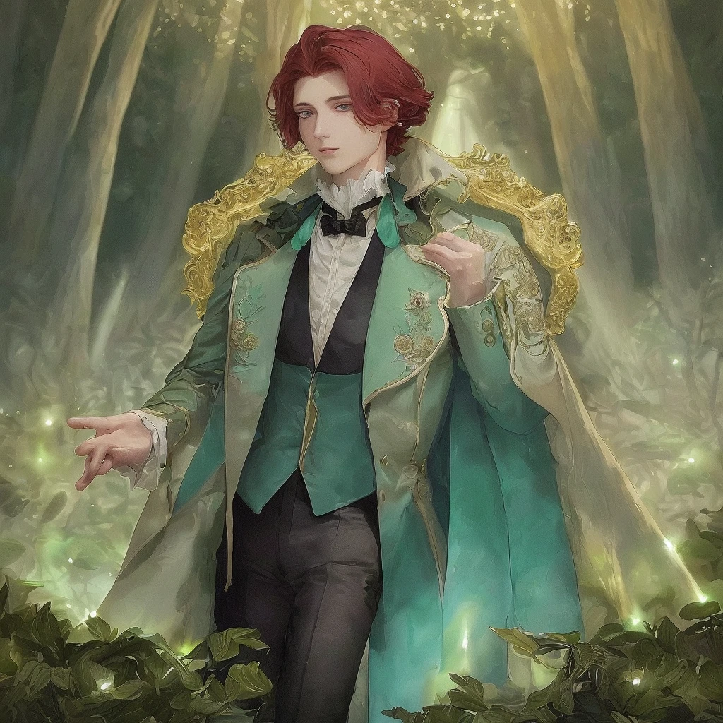 **detailed drawing** **4k ** **sharp**
The image shows a young man with deep red hair, elegant hairstyle. His eyes have heterochromia, with one gold and the other purple, which gives it a mystical and captivating appearance. his skin is dark, with a dark complexion that stands out under the light of the environment.
The young man is dressed in an old costume from the Victorian era, consisting of an elegant cut jacket, a vest and a shirt with a high collar. The details of the suit, like buttons and embroidery, They are intricate and reflect the fashion of the time.
The background of the illustration is an enchanted forest, full of tall and leafy trees. The forest atmosphere is magical, with small lights in the form of aqua green crystals floating around the young man. These lights add a touch of mystery and fantasy to the scene.
The forest is bathed in a dim light, possibly from the moon, that creates shadows and highlights the details of the environment. The combination of the young man's Victorian clothing and the magical atmosphere of the forest creates a scene that seems straight out of a fairy tale.