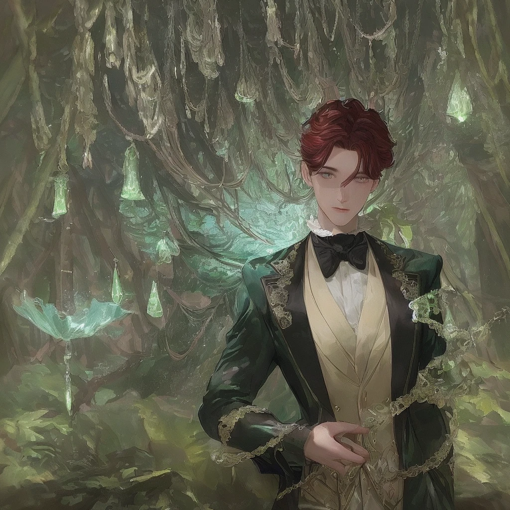 **detailed drawing** **4k ** **sharp** 

The image shows a young man with deep red hair, elegant hairstyle. His eyes have heterochromia, with one gold and the other purple, which gives it a mystical and captivating appearance. his skin is dark, with a dark complexion that stands out under the light of the environment.

The young man is dressed in an old costume from the Victorian era, consisting of an elegant cut jacket, a vest and a shirt with a high collar. The details of the suit, like buttons and embroidery, They are intricate and reflect the fashion of the time.

The background of the illustration is an enchanted forest, full of tall and leafy trees. The forest atmosphere is magical, with small lights in the form of aqua green crystals floating around the young man. These lights add a touch of mystery and fantasy to the scene.

The forest is bathed in a dim light, possibly from the moon, that creates shadows and highlights the details of the environment. The combination of the young man&#39;s Victorian clothing and the magical atmosphere of the forest creates a scene that seems straight out of a fairy tale.