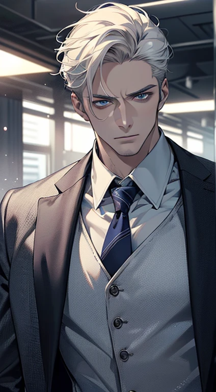 (best quality, masterpiece, 8K, photorealistic, cinematic lighting, hdr image, ultra detailed, beautiful image), 1 man, 31 years old, mature man, very handsome, (without expression, serious), short white hair, blue eyes ( penetrating gaze), perfect face without errors, imposing posture, without errors, businessman, office background
