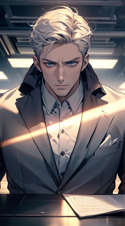 (best quality, masterpiece, 8K, photorealistic, cinematic lighting, hdr image, ultra detailed, beautiful image), 1 man, 31 years old, mature man, very handsome, (without expression, serious), short white hair, blue eyes ( penetrating gaze), perfect face without errors, imposing posture, without errors, businessman, office background