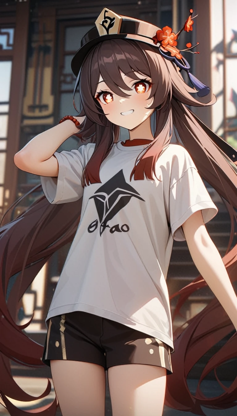 Young girl, brown hair, red eyes, hu Tao from Genshin Impact, T-shirt, Masterpiece, best quality, Full HD, 8k, ultra details, great graphic