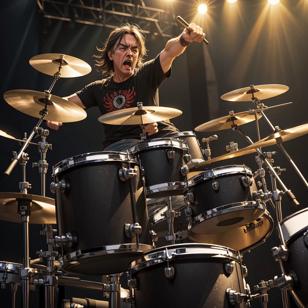 a metal drummer on stage, slightly based on Neil Peart l, shouting straight into the camera, HDR, 8K, ultra-sharp, field of depth, hyperrealism, in motion effect, glimmer splashing from the drums, weirdly tilted angle view, grunge