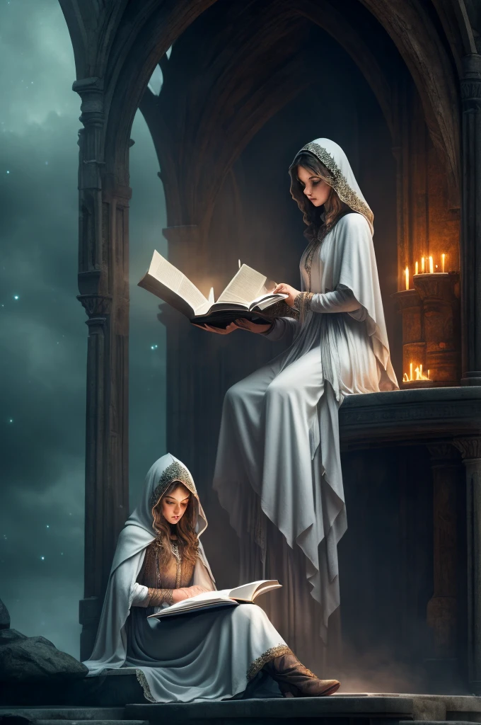 detailed woman wearing a white tunic, hood covering her eyes, reading a book, sitting on a throne in a platform on the universe, stars, galaxy, cartoon style, cinematic, dark, (best quality,4k,8k,highres,masterpiece:1.2),ultra-detailed,(realistic,photorealistic,photo-realistic:1.37),dramatic lighting,dramatic composition,intricate details,mystical,fantasy,atmospheric,moody