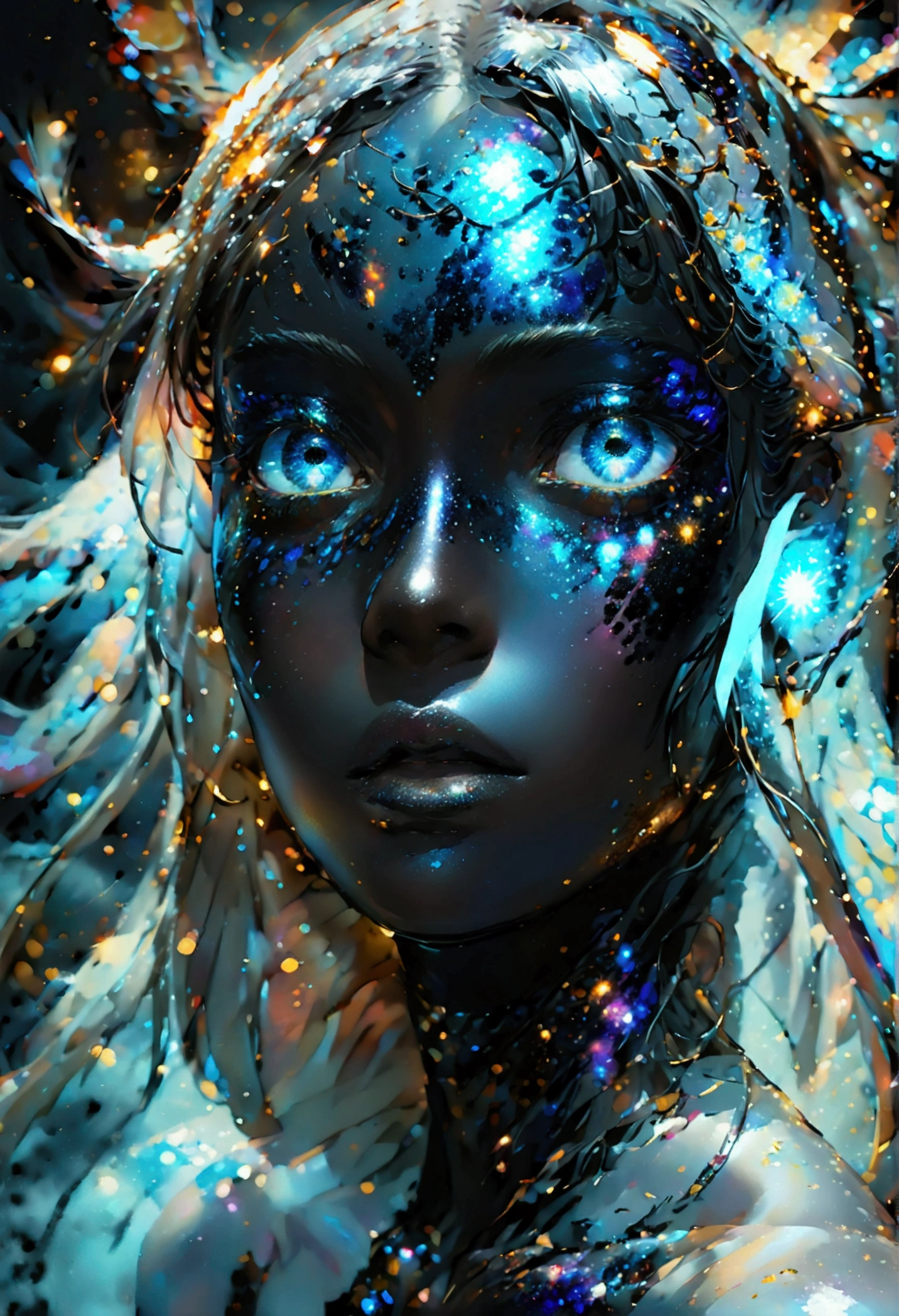 PORTRAIT, a battle angel portrait, beautiful black skin with sparkles and glitter, long long hair, shiny and lightening eyes detailed skin, image is compelling with dynamic composition and energetic posing. Include many fantasy details such as bumps, phantasmal iridescence, glitter, galaxy, cosmos, ((dark celestialskin body, void cosmic body)), (((dark background))), (((lights off))), (((hollywood dark))), horror, dramatic shadows, (in a dark fantasy space:1.3, glitter, sparkle, gleam) vector digital illustration, (black background:1.5)sharp