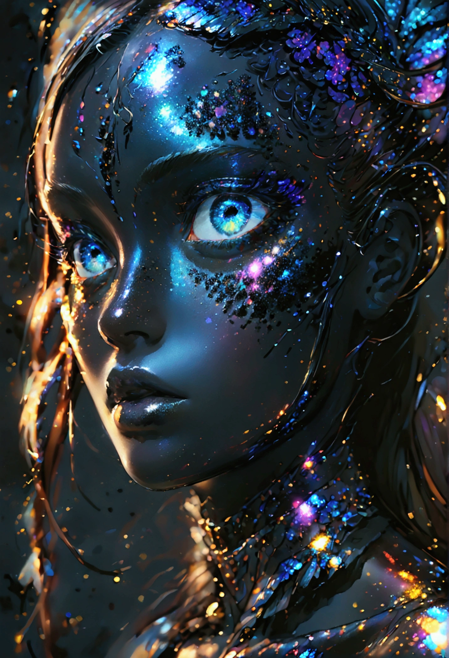 PORTRAIT, a battle angel portrait, beautiful black skin with sparkles and glitter, long long hair, shiny and lightening eyes detailed skin, image is compelling with dynamic composition and energetic posing. Include many fantasy details such as bumps, phantasmal iridescence, glitter, galaxy, cosmos, ((dark celestialskin body, void cosmic body)), (((dark background))), (((lights off))), (((hollywood dark))), horror, dramatic shadows, (in a dark fantasy space:1.3, glitter, sparkle, gleam) vector digital illustration, (black background:1.5)sharp