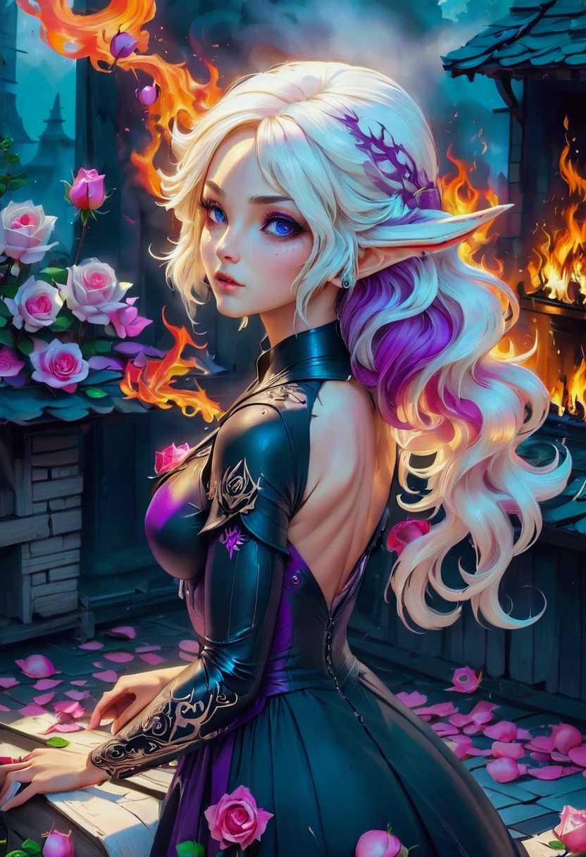 Arafed, Dark fantasy art, fantasy art, goth art, a picture of a tattoo on the back of a female elf, a glowing tattoo of a ((white rose: 1.3)) on the elf's back, the ((rose tattoo)) is vivid, intricate detailed coming to life from the ink to real life, GlowingRunesAI_purple, ((fire surrounds the rose petals: 1.5)), (small pointed ears: 1.2), shoot taken from the back, ((the back is visible: 1.3), she wears a transparent black dress, the dress is elegant, flowing, elven style, that the tattoos glow, dynamic hair color, dynamic hair style, faize,, Digital Painting