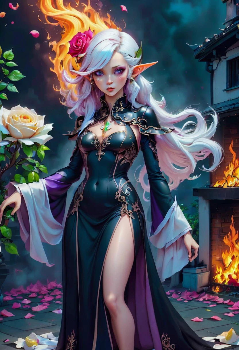 Arafed, Dark fantasy art, fantasy art, goth art, a picture of a tattoo on the back of a female elf, a glowing tattoo of a ((white rose: 1.3)) on the elf's back, the ((rose tattoo)) is vivid, intricate detailed coming to life from the ink to real life, GlowingRunesAI_purple, ((fire surrounds the rose petals: 1.5)), (small pointed ears: 1.2), shoot taken from the back, ((the back is visible: 1.3), she wears a transparent black dress, the dress is elegant, flowing, elven style, that the tattoos glow, dynamic hair color, dynamic hair style, faize,, Digital Painting