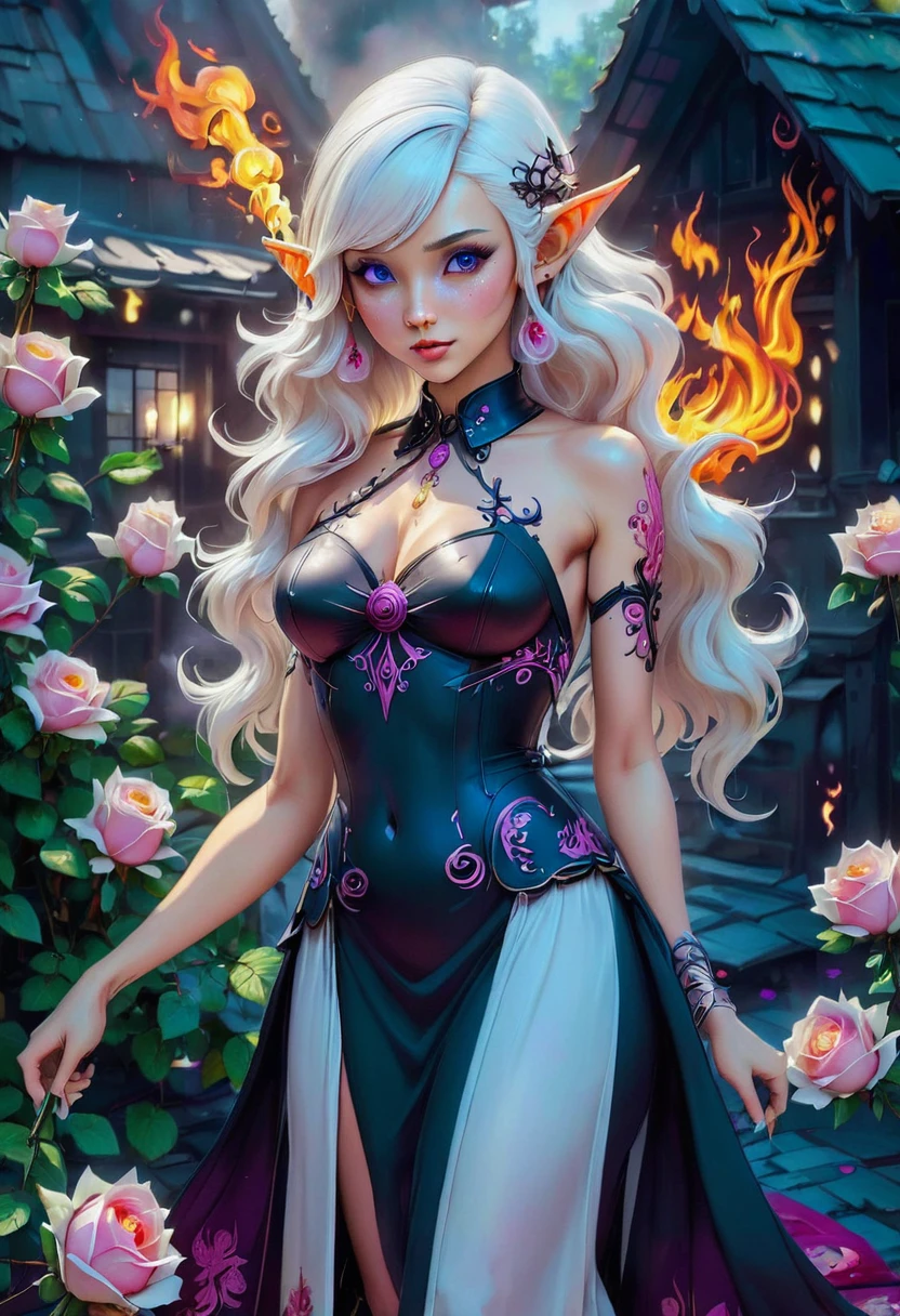 Arafed, Dark fantasy art, fantasy art, goth art, a picture of a tattoo on the back of a female elf, a glowing tattoo of a ((white rose: 1.3)) on the elf's back, the ((rose tattoo)) is vivid, intricate detailed coming to life from the ink to real life, GlowingRunesAI_purple, ((fire surrounds the rose petals: 1.5)), (small pointed ears: 1.2), shoot taken from the back, ((the back is visible: 1.3), she wears a transparent black dress, the dress is elegant, flowing, elven style, that the tattoos glow, dynamic hair color, dynamic hair style, faize,, Digital Painting