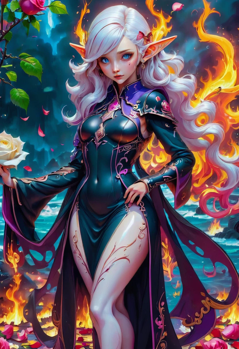 Arafed, Dark fantasy art, fantasy art, goth art, a picture of a tattoo on the back of a female elf, a glowing tattoo of a ((white rose: 1.3)) on the elf's back, the ((rose tattoo)) is vivid, intricate detailed coming to life from the ink to real life, GlowingRunesAI_purple, ((fire surrounds the rose petals: 1.5)), (small pointed ears: 1.2), shoot taken from the back, ((the back is visible: 1.3), she wears a transparent black dress, the dress is elegant, flowing, elven style, that the tattoos glow, dynamic hair color, dynamic hair style, faize,, Digital Painting