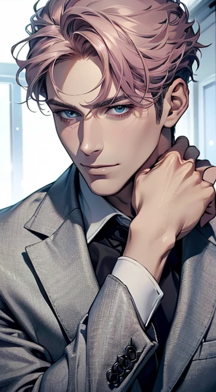 (best quality,4k,8k,highres,masterpiece:1.2),ultra-detailed,(realistic,photorealistic,photo-realistic:1.37),1 man,31 years old,mature man,very handsome,without expression,smile,short grey pink hair,blue eyes,penetrating gaze,perfect face without errors,imposing posture,businessman,office background,cinematic lighting,hdr image