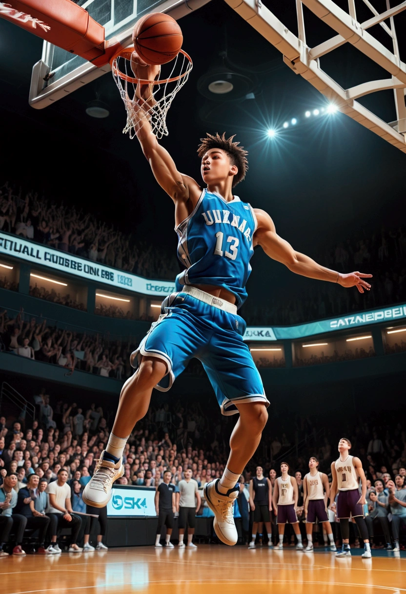 1boy, Game-Winning Dunk, a basketball player jumping high, performing a spectacular slam dunk, intense action pose, muscular male body, dynamic movement, basketball court, crowd cheering, dramatic lighting, cinematic composition, 8k, (4k,highres:1.2), ultra-detailed, studio lighting, extreme detail description, professional, vivid colors, masterpiece, best quality, very aesthetic, absurdres