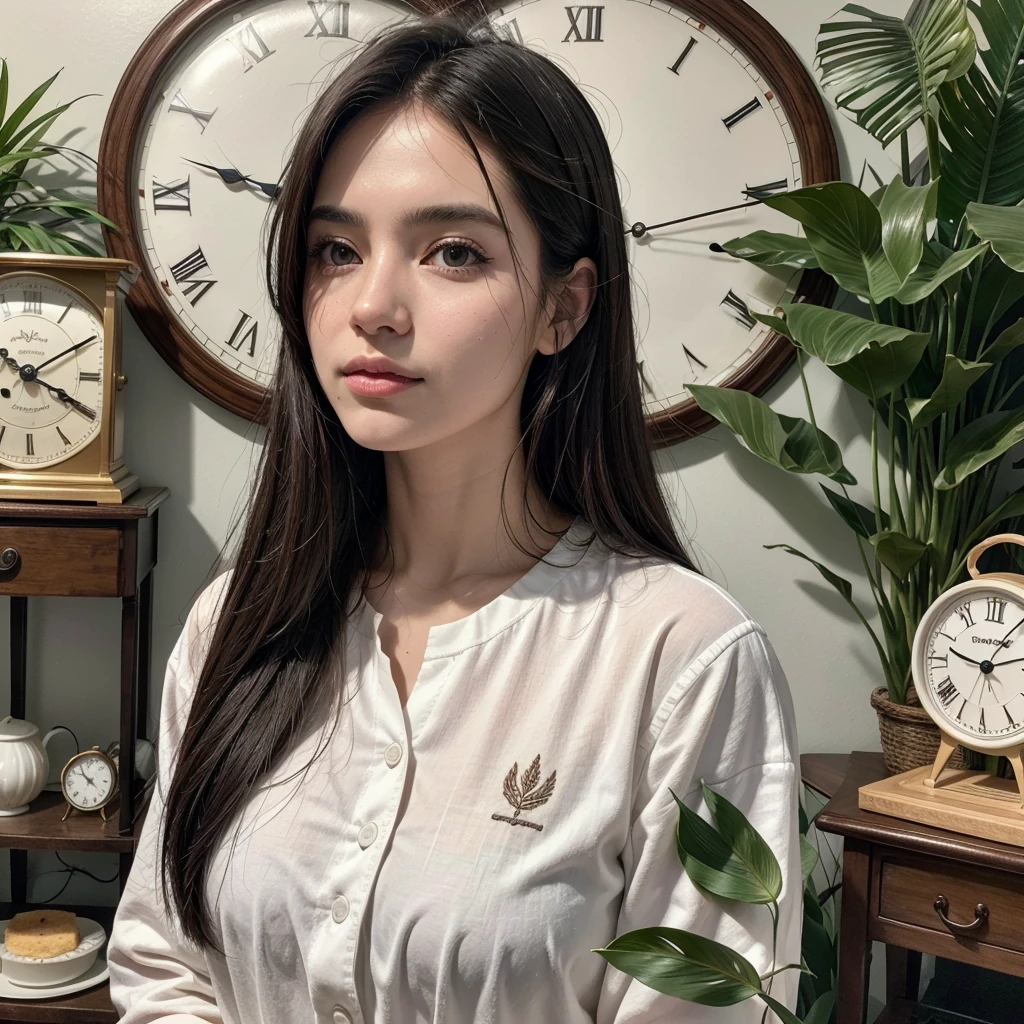 Arafa woman in a white shirt next to a clock and palm leaves, a portrait by Fernando Gerassi, instagramart, aaestheticism, aesthetic, aaesthetics, huge aunt, proffesional, cake&#39;, Pelisse, aesthetic, david rios ferreira, macoto takahashi, academy, # fututista, scientific, aaesthetic, doctor, aestetic
