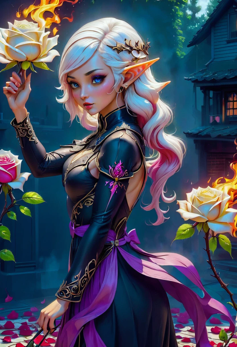 Arafed, Dark fantasy art, fantasy art, goth art, a picture of a tattoo on the back of a female elf, a glowing tattoo of a ((white rose: 1.3)) on the elf's back, the ((rose tattoo)) is vivid, intricate detailed coming to life from the ink to real life, GlowingRunesAI_purple, ((fire surrounds the rose petals: 1.5)), (small pointed ears: 1.2), shoot taken from the back, ((the back is visible: 1.3), she wears a transparent black dress, the dress is elegant, flowing, elven style, that the tattoos glow, dynamic hair color, dynamic hair style, faize,, Digital Painting