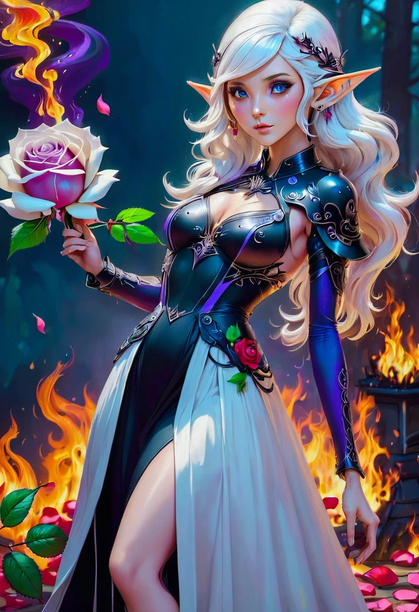 Arafed, Dark fantasy art, fantasy art, goth art, a picture of a tattoo on the back of a female elf, a glowing tattoo of a ((white rose: 1.3)) on the elf's back, the ((rose tattoo)) is vivid, intricate detailed coming to life from the ink to real life, GlowingRunesAI_purple, ((fire surrounds the rose petals: 1.5)), (small pointed ears: 1.2), shoot taken from the back, ((the back is visible: 1.3), she wears a transparent black dress, the dress is elegant, flowing, elven style, that the tattoos glow, dynamic hair color, dynamic hair style, faize,, Digital Painting