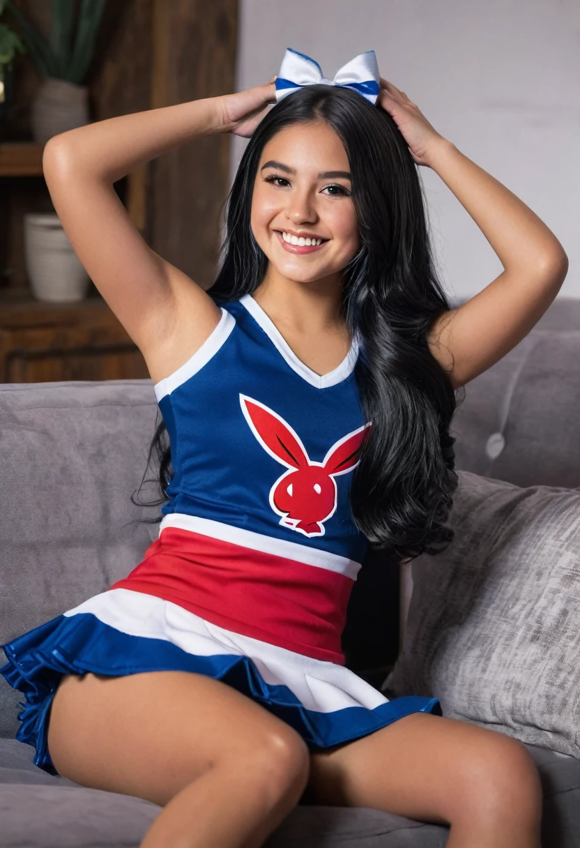 Beautiful, young mexican , long black hair, brightly smiling, wearing sexy cheerleader outfit, sitting on couch, in the style of Playboy magazine, perfect lighting, (extreme detail), (8k)